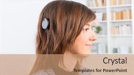  Presentation with cochlear implant - Amazing presentation theme having otolaryngology - young smiling woman showing cochlear backdrop and a coral colored foreground