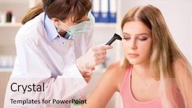 Presentation with otorhinolaryngologist - Theme enhanced with otology - young woman visiting female doctor background and a coral colored foreground