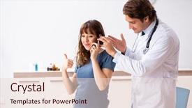  Presentation with patient and doctor - Theme consisting of otorhinolaryngology - patient with hearing problem visiting background and a  colored foreground