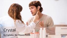  Presentation with patient and doctor - Slide deck with otorhinolaryngology - patient with hearing problem visiting background and a lemonade colored foreground