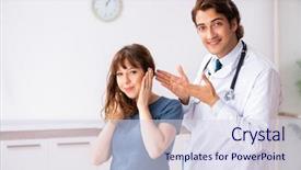  Presentation with hearing - PPT layouts having otorhinolaryngology - patient with hearing problem visiting background and a sky blue colored foreground