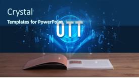  Presentation with digital book - Amazing presentation design having ott inscription coming out from an open book digital technology concept backdrop and a ocean colored foreground