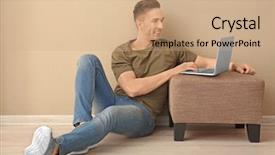  Presentation with medical procedure simulation using plasma - Presentation theme consisting of ottomans - young man using laptop indoors background and a  colored foreground