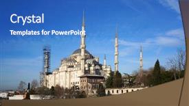  Presentation with famous moroccan koutoubia mosque minaret - Theme with ottoman history - famous blue mosque sultanahmet camii background and a teal colored foreground