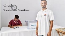  Presentation with vote - Presentation theme enhanced with oung-hispanic-voter-wearing-vote background and a light gray colored foreground