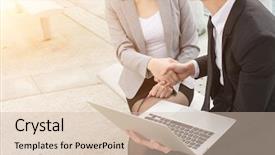  Presentation with hand shake telephone - Theme with china leadership - businesswoman and man shaking hand background and a soft green colored foreground