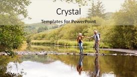  Presentation with active seniors senior couple - Presentation design with outdoor activities - senior couple crossing river whilst background and a lemonade colored foreground