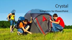  Presentation with teens - PPT theme featuring outdoor activities - teens setting a camping tent background and a light blue colored foreground
