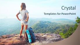  Presentation with outdoor activities - Theme featuring outdoor activities - young woman standing with backpack background and a sky blue colored foreground