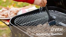  Presentation with japanese korean yakiniku barbecue style - PPT theme featuring outdoor barbecue background and a coral colored foreground