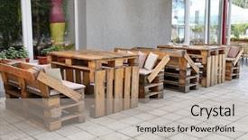  Presentation with secondary raw materials - Colorful presentation theme enhanced with outdoor cafe with furniture made backdrop and a light gray colored foreground