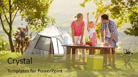  Presentation with family dreams of vacation - PPT theme having outdoor camping - young happy family on vacation background and a yellow colored foreground