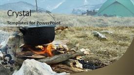  Presentation with campfire - PPT theme with outdoor cooking - campfire kitchenware and tent background and a light blue colored foreground