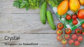  Presentation with lettuce in the vegetable garden - Colorful slide deck enhanced with outdoor cooking - fresh ripe vegetables and herbs backdrop and a light gray colored foreground