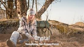  Presentation with hiking - Presentation having outdoor cooking - young hiking woman with backpack background and a tawny brown colored foreground