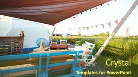  Presentation with teepee - Presentation theme having outdoor decking and seating next to teepee on glamping camp site background and a tawny brown colored foreground