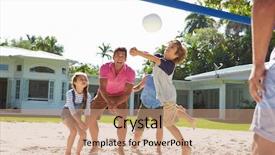  Presentation with outdoor games - Presentation design with outdoor games - family playing volleyball in garden background and a coral colored foreground