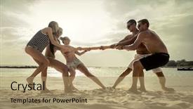  Presentation with tug of war sport - Slides featuring outdoor games - friends funny tug of war background and a coral colored foreground