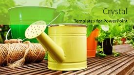  Presentation with wood tools - Theme enhanced with outdoor gardening tools on old wood table background and a yellow colored foreground