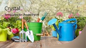  Presentation with wood tools - Presentation theme enhanced with outdoor gardening tools on old background and a soft green colored foreground