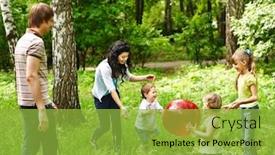  Presentation with family children - PPT theme with outdoor happy family with children plaing ball on green grass background and a yellow colored foreground