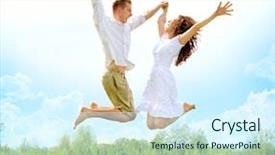  Presentation with free family - Amazing PPT layouts having outdoor jumping family on green backdrop and a cool aqua colored foreground