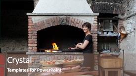  Presentation with grilling - Audience pleasing theme consisting of outdoor kitchens - smiling woman grilling some sausages backdrop and a violet colored foreground