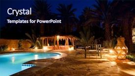  Presentation with maroc - Beautiful PPT layouts featuring outdoor lighting - pool and garden backdrop and a navy blue colored foreground