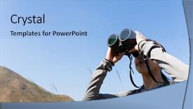  Presentation with binocular - Slide deck enhanced with outdoor mountains - young woman looking though binocular background and a light blue colored foreground