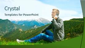  Presentation with green technology - Theme having cellphone outdoor mountains communication background and a sky blue colored foreground