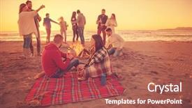  Presentation with campfire - PPT layouts having outdoor party - young couple enjoying with friends background and a red colored foreground