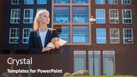  Presentation with retailer - Presentation design enhanced with outdoor photo of young and attractive businesswoman retailer or student woman in casual wear real estate business and education background and a tawny brown colored foreground