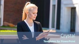  Presentation with retailer - Presentation design consisting of outdoor photo of young and attractive businesswoman retailer or student woman in casual wear real estate business and education background and a ocean colored foreground