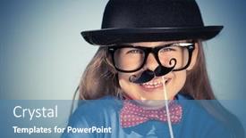  Presentation with tie - Slide deck having outdoor portrait of funny happy little girl in bow tie and bowler hat retro stile background and a teal colored foreground