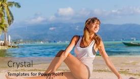  Presentation with tropical beach sunset - Theme consisting of outdoor portrait of strong woman in sportwear doing workout stretching on tropical beach at sunset female sporty muscular body dawn bright sunny light background and a coral colored foreground