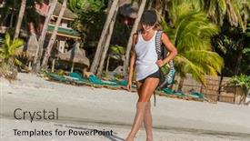  Presentation with tropical beach sunset - PPT theme having outdoor portrait of strong woman in sportwear ready for workout stretching on tropical beach at sunset female sporty muscular body dawn bright sunny light background and a light gray colored foreground