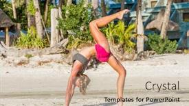  Presentation with tropical beach sunset - PPT theme having outdoor portrait of strong woman in sportwear doing workout stretching on tropical beach at sunset female sporty muscular body dawn bright sunny light background and a soft green colored foreground