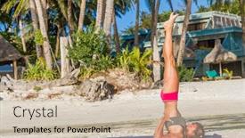  Presentation with dawn - Audience pleasing theme consisting of outdoor portrait of strong woman in sportwear doing workout stretching on tropical beach at sunset female sporty muscular body dawn bright sunny light backdrop and a soft green colored foreground