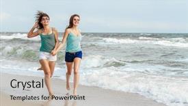  Presentation with girls running - Slide deck featuring outdoor portrait of two young happy girls running on tropical sea background holiday image background and a soft green colored foreground