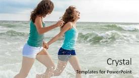  Presentation with girls running - PPT layouts having outdoor portrait of two young happy girls running on tropical sea background holiday image background and a light gray colored foreground