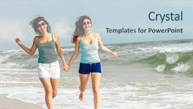  Presentation with girls running - Audience pleasing PPT theme consisting of outdoor portrait of two young happy girls running on tropical sea background holiday image backdrop and a sky blue colored foreground