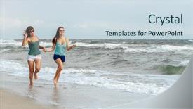  Presentation with girls running - Presentation design consisting of outdoor portrait of two young happy girls running on tropical sea background holiday image background and a sky blue colored foreground