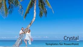  Presentation with tropical wedding - Cool new presentation theme with outdoor portrait of young happy couple on wedding day outdoor beach wedding on tropical beach and sea background backdrop and a light blue colored foreground