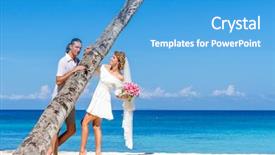  Presentation with tropical wedding - PPT theme enhanced with outdoor portrait of young happy couple on wedding day outdoor beach wedding on tropical beach and sea background background and a teal colored foreground