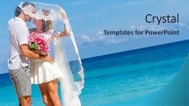  Presentation with tropical wedding - PPT theme having outdoor portrait of young happy couple on wedding day outdoor beach wedding on tropical beach and sea background background and a light blue colored foreground