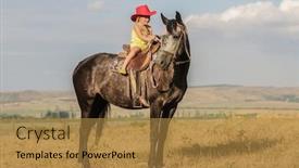  Presentation with horse riding - Presentation theme enhanced with outdoor portrait of young happy girl riding a horse on farm rural background background and a gold colored foreground