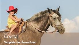  Presentation with horse riding - Presentation featuring outdoor portrait of young happy girl riding a horse on farm rural background background and a coral colored foreground