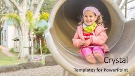 Presentation with playground - Slide deck having outdoor portrait of young happy girl playing on playground background and a soft green colored foreground