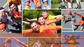  Presentation with recreation - Theme with outdoor recreation - collage of happy family background and a red colored foreground