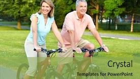  Presentation with recreation - Presentation enhanced with outdoor recreation - happy elderly senior couple cycling background and a yellow colored foreground